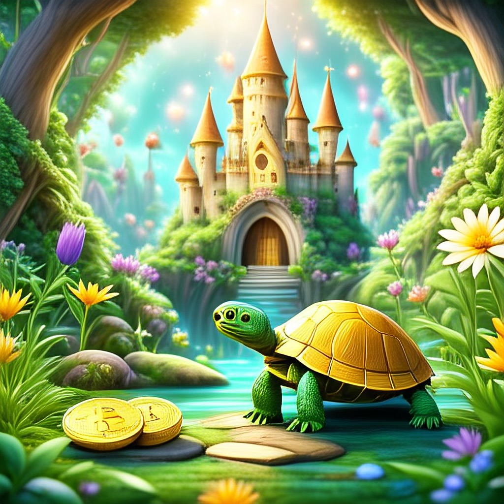 WildNFT #24: Green Turtle in Magical Forest with Bitcoin