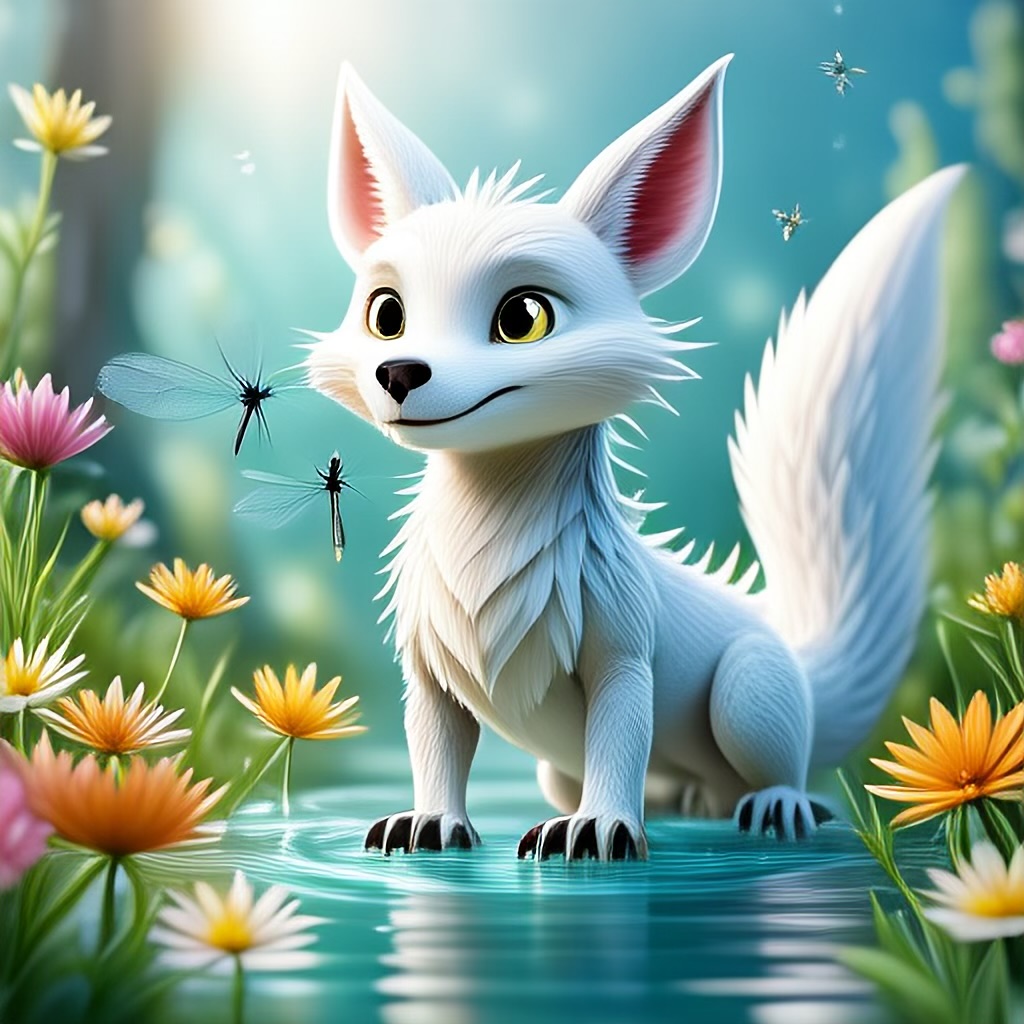 WildNFT #25: White Fox in Magical Water with Flowers