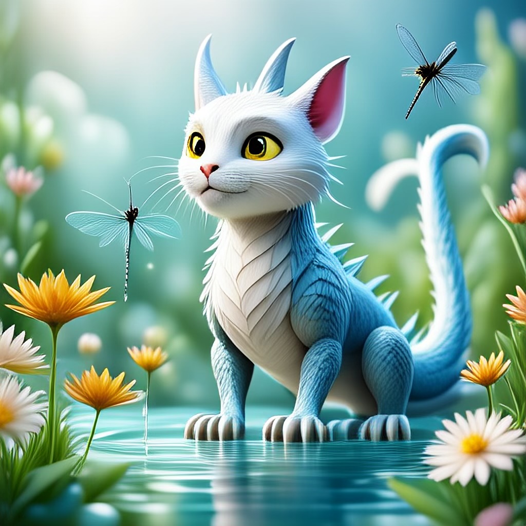 WildNFT #26: Mythical White Cat in Water with Flowers