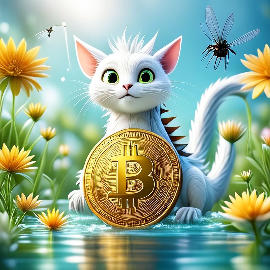 WildNFT #28: Mythical White Cat in Water with Bitcoin