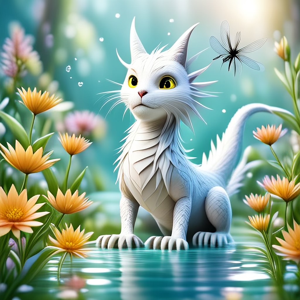 WildNFT #40: Mythical White Cat in Water with Flowers