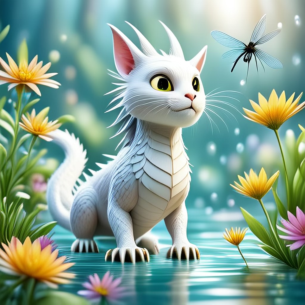 WildNFT #5: Mythical White Cat in Water with Flowers