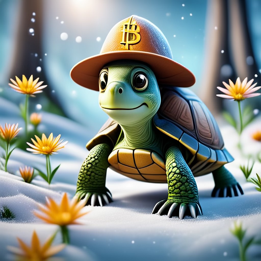 WildNFT #68: Green Turtle in Snow Forest with Bitcoin Cap