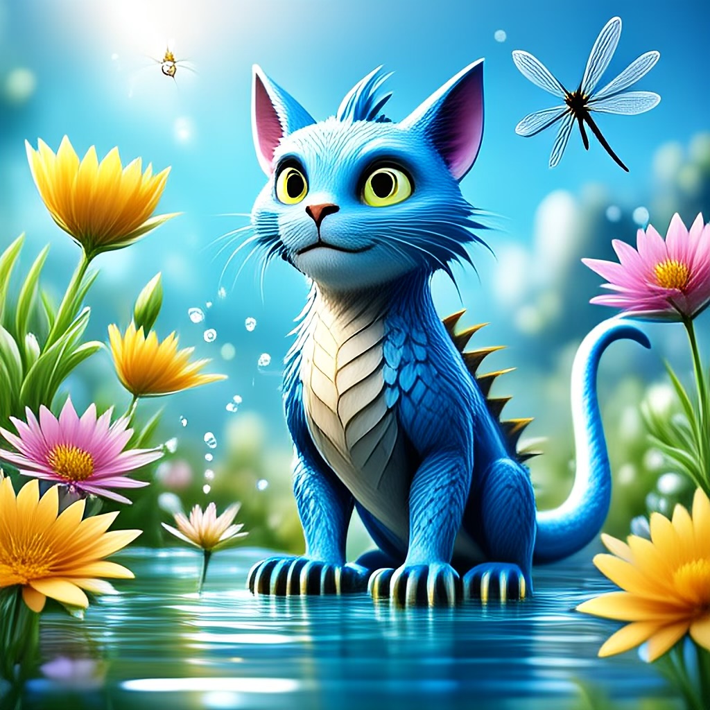 WildNFT #71: Mythical Blue Cat in Water with Flowers