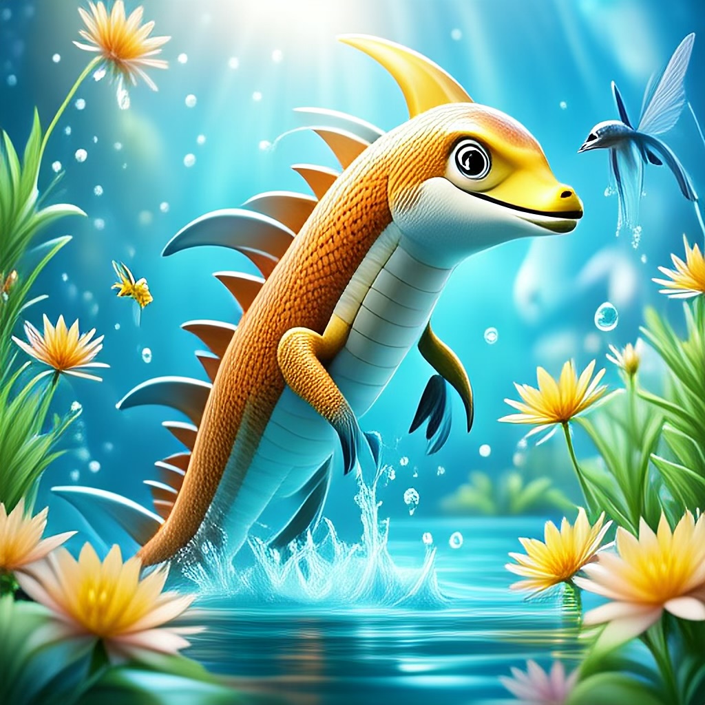 WildNFT #98: Golden Dolphin in Water with Flowers