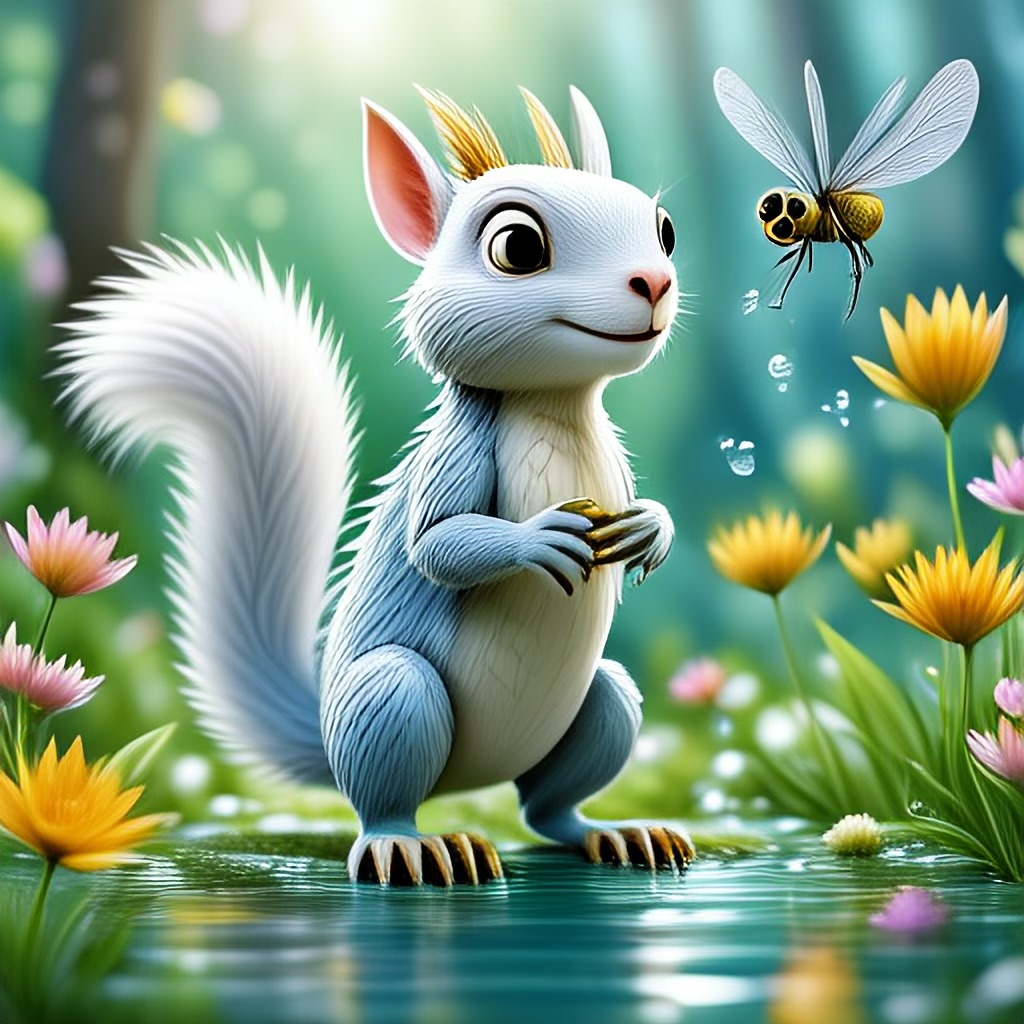 WildNFT #100: Mythical White Squirrel in Water with Flowers