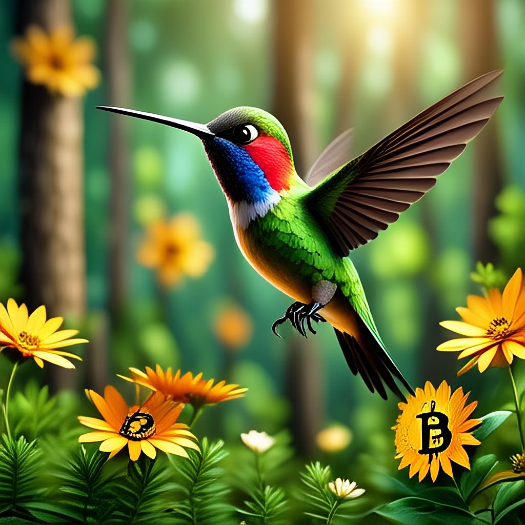 WildNFT #12: Hummingbird in Forest with Bitcoin Flowers