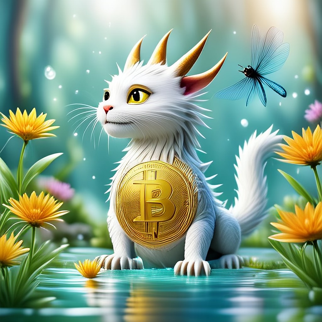 WildNFT #20: Mythical White Cat in Water with Bitcoin