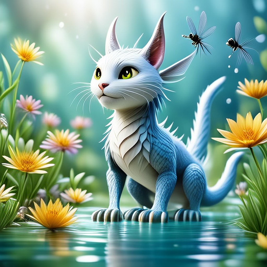 WildNFT #37: Mythical White Cat in Water with Flowers