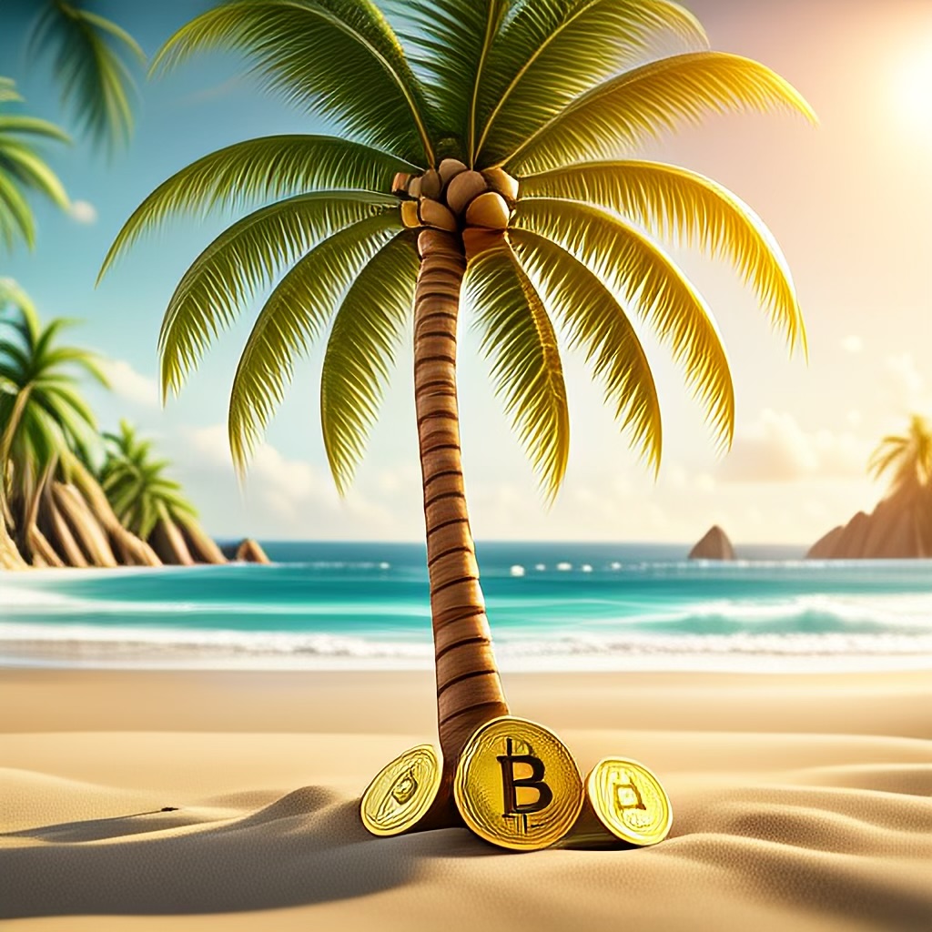 WildNFT #62: Coconut Tree on Beach with Bitcoin