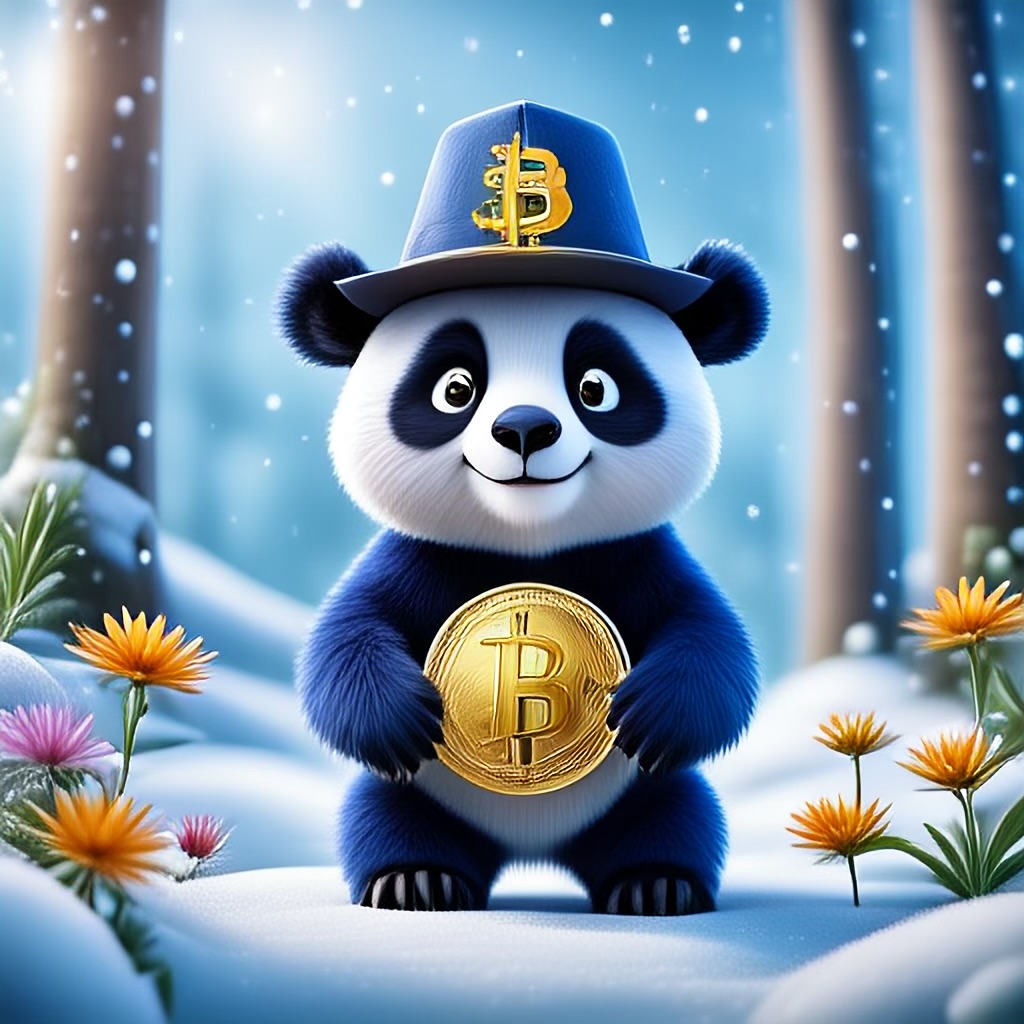 WildNFT #73: Blue Panda in Snow Forest with Bitcoin Cap