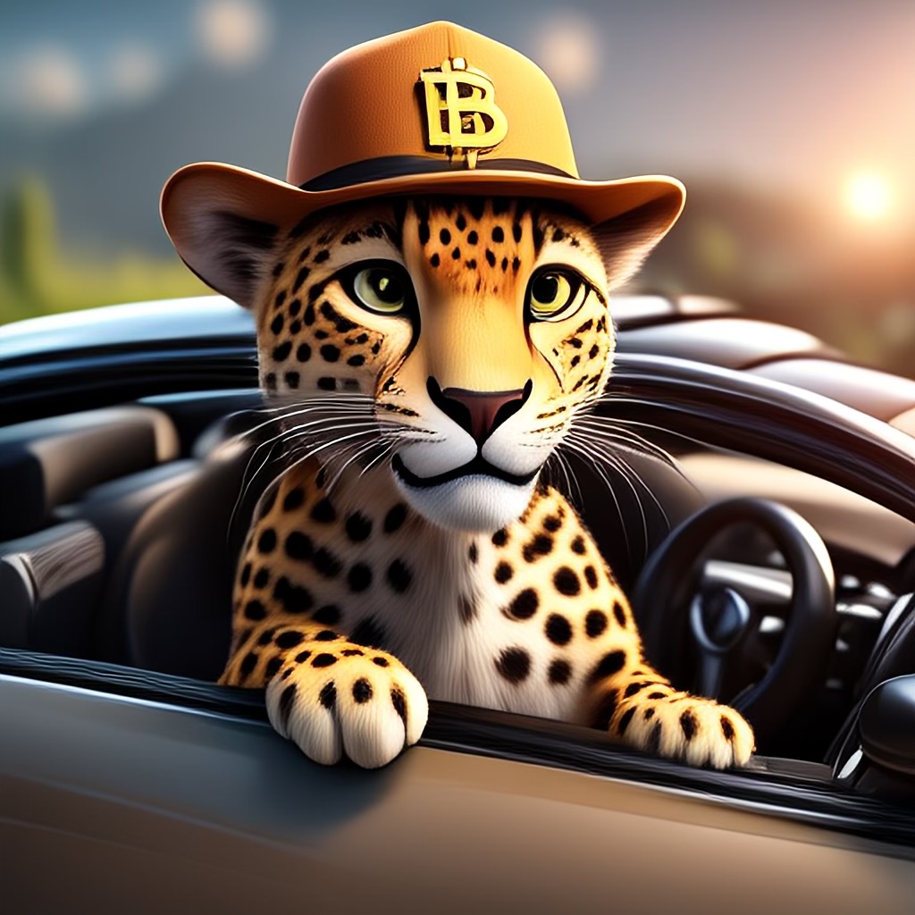 WildNFT #74: Cheetah in Car with Bitcoin Cap