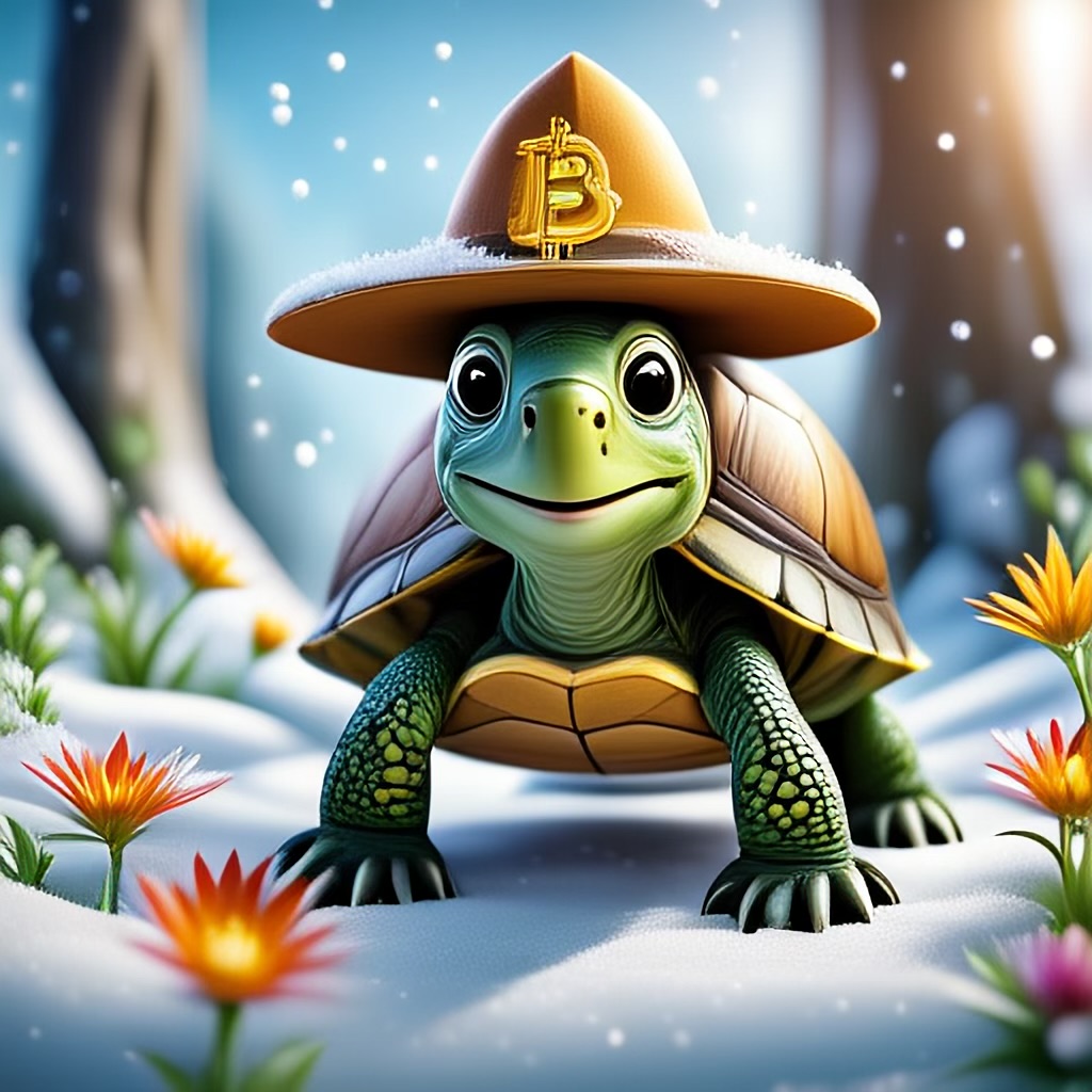 WildNFT #79: Green Turtle in Snow Forest with Bitcoin Cap