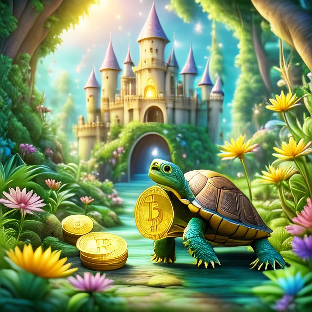 WildNFT #98: Green Turtle in Magical Forest collecting Bitcoin