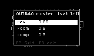 the output object's set panel: master reverb mix, room size and compression