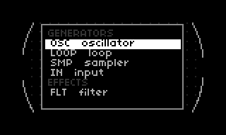 the L0 place menu: generators, effects, controllers and globals, one K3 away