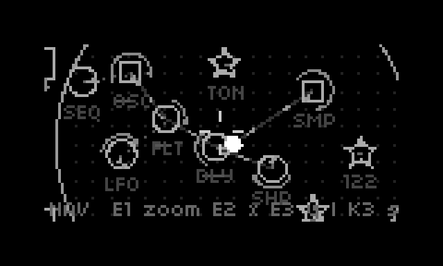 the table: a sequencer drives an oscillator through a filter and a delay into the glowing output point; sampler, waveshaper, LFO, tonality, tempo and output objects share the surface