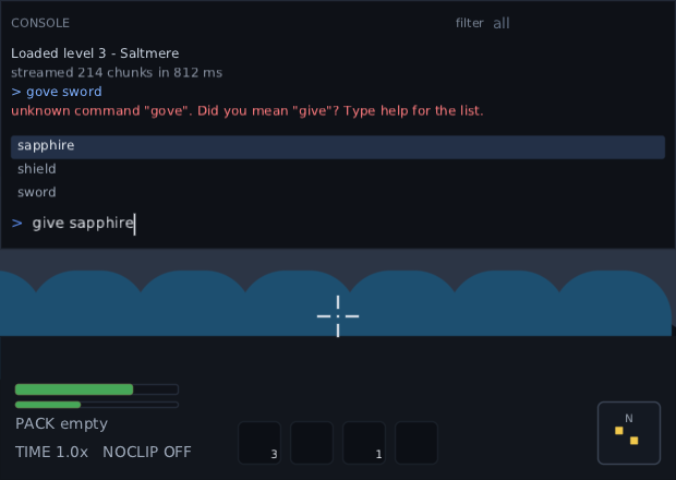 the console with the red line unknown command gove, did you mean give, and a list of sapphire, shield and sword over the prompt with sapphire picked out and filled in