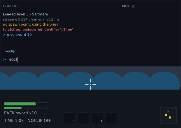 the console down over a game, its log holding a loading line, a debug line, an amber warning, a red shader error and the blue echo of give sword 10, the word noclip offered over a prompt reading noc, and the HUD below showing PACK sword x10