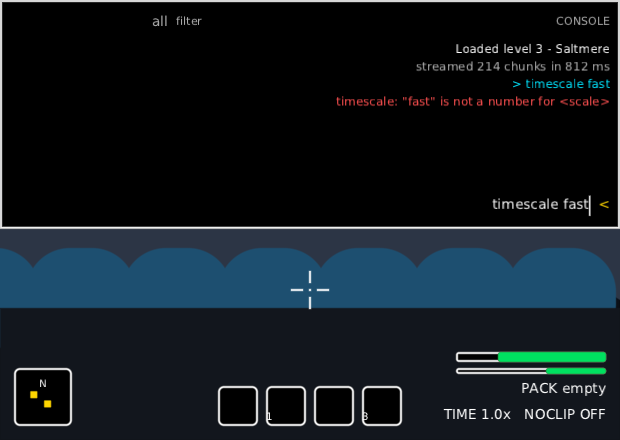 the same console in the high-contrast skin on a right-to-left screen: CONSOLE on the right, the filter box on the left, the log reading from the right with a red line saying fast is not a number for scale, and the prompt arrow on the right of a recalled timescale fast