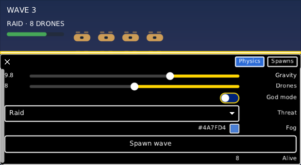two windows tabbed into one pane along the bottom of the screen in the high-contrast skin on a screen that reads from the right: the Spawns and Physics tabs at the right end of the strip with Physics chosen, the close cross at the left, and each row's label on the right with its slider filling from that end