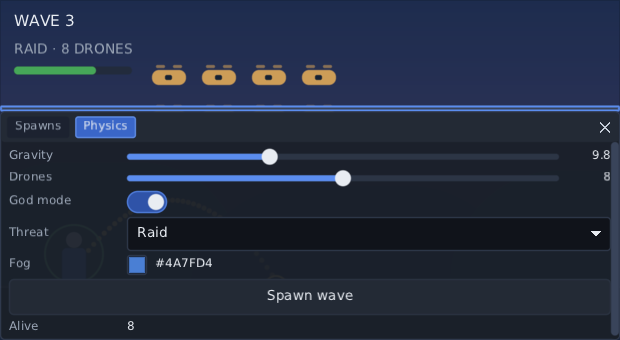 a pane across the bottom of the screen with Spawns and Physics tabbed into it, the Physics tab chosen and lit, its sliders, dropdown, colour swatch and button filling the pane, and the game above the divider