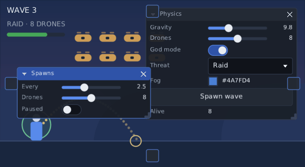 the Spawns window carried by its title bar down the screen: four squares appear round the edges, the bottom one lights up and a patch covers the bottom quarter, the window lands there as a pane, and the divider above it is then pulled up to give it room