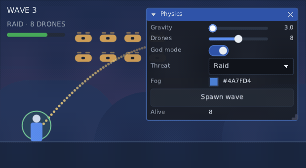 the gravity slider being dragged from one end to the other, the throw arc in the game behind it flattening and steepening as it goes