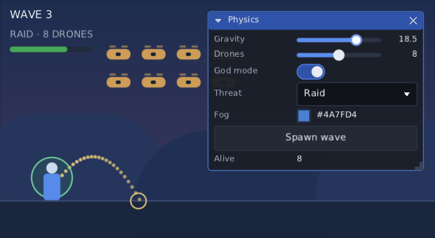 a floating Physics window over a game, its gravity slider held part way along, and the throw arc in the scene behind it bent to match