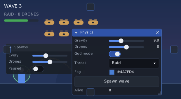 two debug windows over the same game, the Physics one caught mid-drag by its title bar, drawn in front of the Spawns one and the only one with a lit title bar