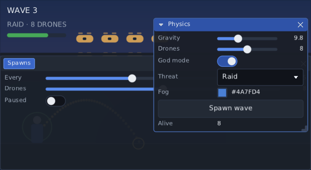 the Physics tab pulled off that strip and dropped on the game, where it is a floating window again with a lit title bar, leaving Spawns alone in the pane