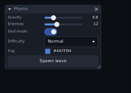 a floating window titled Physics over a dark game, with sliders for gravity and enemies, a god mode switch, a difficulty dropdown, a fog colour swatch and a spawn wave button
