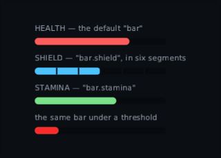 four bars: health, a segmented shield, stamina, and stamina under its threshold