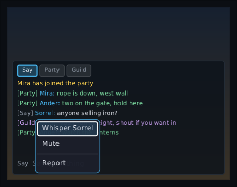 the open chat box with a menu hanging under a player's name, offering Whisper Sorrel, Mute and Report