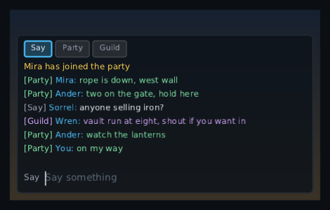an open chat box over a night scene: tabs for Say, Party and Guild, a log where each channel's lines are in its own colour, and the player's own line at the bottom