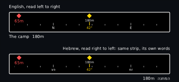 two heading strips in the black and white high-contrast skin, one with N and E and a line of English under it on the left, one with the Hebrew names and a line of Hebrew under it on the right, both reading 42 degrees
