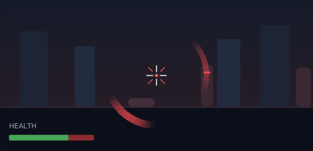 a game screen with two damage arcs at once, one on the right and one behind-left, over a kill marker on the crosshair