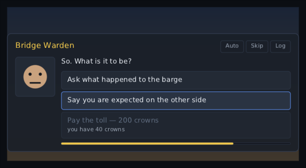 the warden's question with three answers: the highlight moved onto the second by a push on the pad, and the third greyed out saying you have 40 crowns