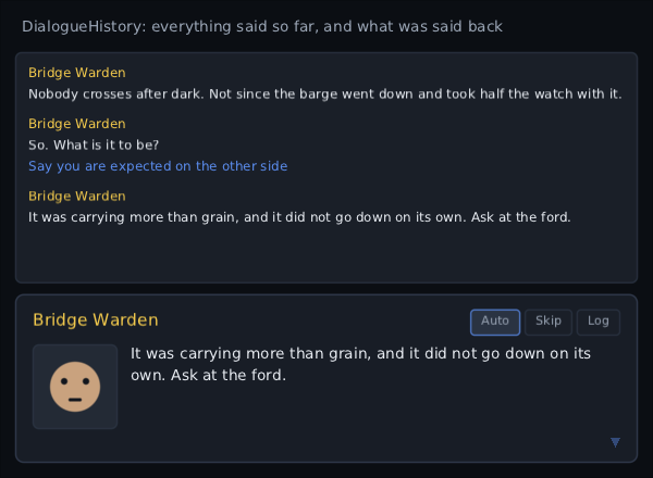 a history panel over a dialogue box: three lines the warden said, and under the question the answer the player gave, in blue