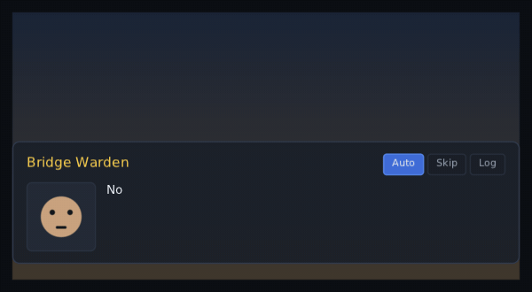 a dialogue box over a scene: the warden's line typing itself out, then the arrow, then the question with its three answers and the timer draining under them