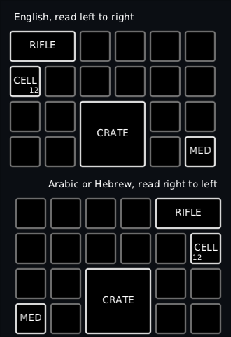 the same bag twice under the high-contrast skin, once read left to right and once right to left, with the rifle in the opposite corner each time