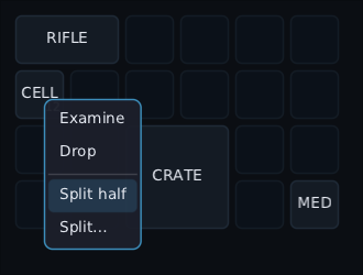 the pile's menu open on a right-click: Examine and Drop, a line, then Split half and Split…, with the mouse resting on Split half