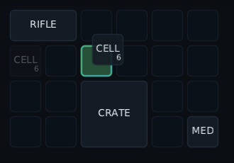 a bag on a pad: the pile of twelve cells now says six and is faded, six are in the hand two squares along, and the square under them is lit green with the focus ring on it
