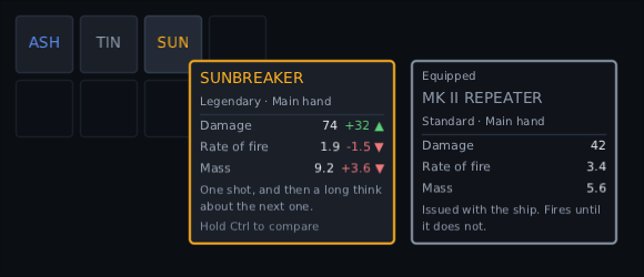 the same card with Ctrl held: Damage 74 +32 with a green up arrow, Rate of fire 1.9 -1.5 with a red down arrow, Mass 9.2 +3.6 with a red down arrow, and the equipped MK II REPEATER on a sunken card beside it