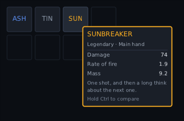 a bag of three guns with the mouse on the last one, and its card hanging under the pointer: SUNBREAKER in gold, its tier, three numbers, a line of flavour text and "Hold Ctrl to compare"