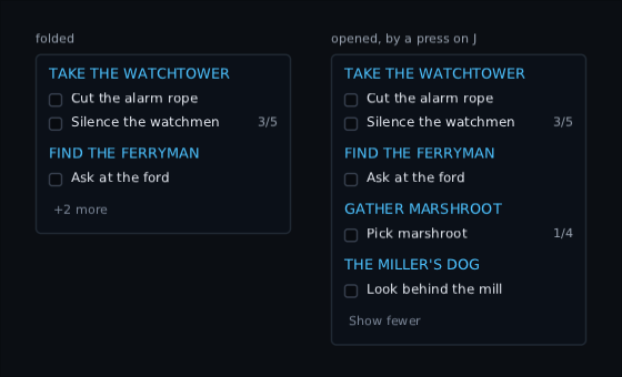 the same four quests on two trackers that show two: the left one stops after the ferryman with a plus two more row, the right one lists all four and ends with Show fewer