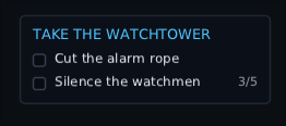 an objective panel pinned in the corner: the quest name in blue, a step to cut the alarm rope, and a step to silence the watchmen reading 3/5