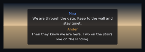 a subtitle band over a scene at dusk: Mira's line in blue, and under it Ander's in amber, both up at once