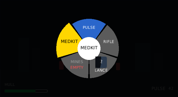 the same weapon wheel in the high-contrast skin: grey slices on a black backdrop, the one in hand blue, the one being pointed at in yellow, and a white hub with black words