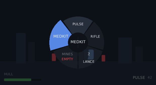 a weapon wheel of five slices over a game, the medkit slice lit up in blue, the hub reading MEDKIT, one slice dimmed and marked EMPTY and one with a cooldown counting down over it
